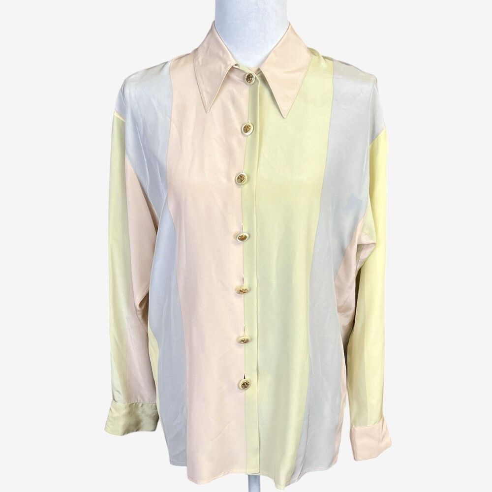 VTG Louis Feraud Silk Blouse 6 Pastel Colorblock Satin Shirt Gold Buttons